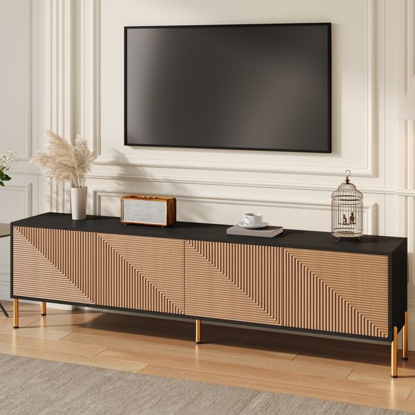 TV-Schrank 179x35x53,5 cm strukturiert Schwarz Gold Metallbeine 4 Türen grifflos