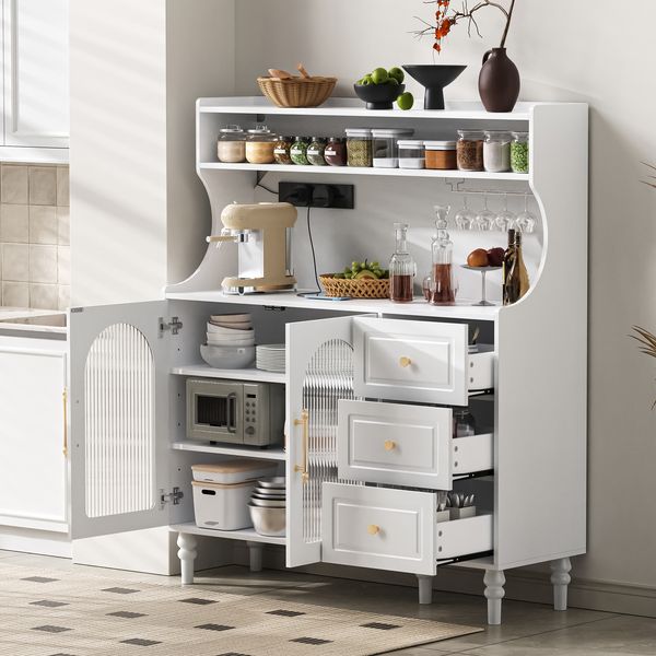 Merax Hochschrank mit Steckdosen und Schubladen, Barschrank mit Weinglashaltern und Stauraum, Küchen-Buffetschrank mit verstellbaren Schichtböden (Weiß)