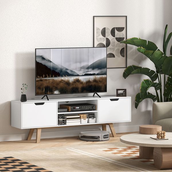 TV-Schrank 150 x 39 x 50 cm in Weiß, Lowboard aus Spanplatte und MDF mit 2 Türen und Kabeldurchführungen