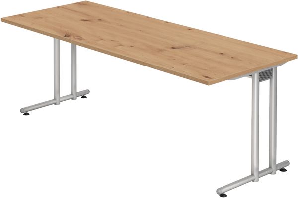 bümö Schreibtisch groß, N-Serie 200x80 cm, Tischplatte aus Holz in Asteiche, Gestell aus Metall in Silber - PC Tisch, großer Computertisch für's Büro, Office Bürotisch, NS-20-R-S
