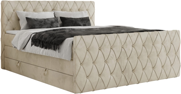 Boxspringbett, Doppelbett mit Fußteil, Multipocket-Matratzen und Topper, gestepptes Kopfteil und Front - MIREN KING DUO - 120 x 200 cm - Beige Velours - H4 Bild 4