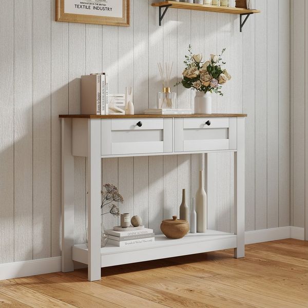 COSTWAY Konsolentisch, Konsolentisch Holz, Flurtisch schmal mit 2 Schubladen