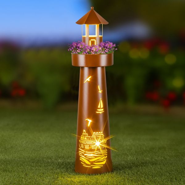 HI LED-Leuchtturm mit Timer maritime Gartendeko in Rostoptik 70532