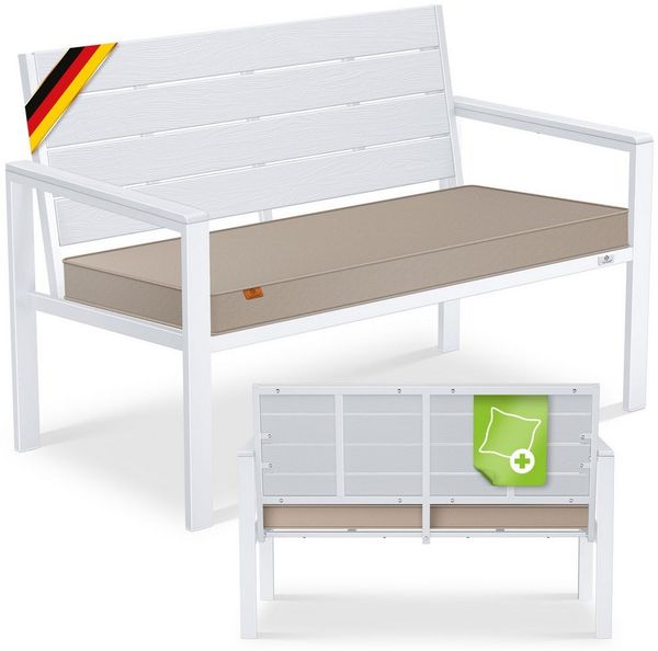 KESSER® Gartenbank mit Kissen – Sitzbank Wetterfest 2-Sitzer Parkbank in Holzoptik Balkonbank für Garten Terrasse Balkon bis 300 kg belastbar UV-beständig inkl. abnehmbarem & waschbarem Polsterbezug Weiß / Weiß