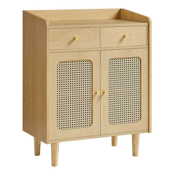 SONGMICS HOME BOHOVEN Kollektion - Sideboard, Küchenschrank mit Türen in Rattan-Optik, Aufbewahrungsschrank mit Schubladen, verstellbare Ablage, Boho-Stil, für Esszimmer, eichenbeige