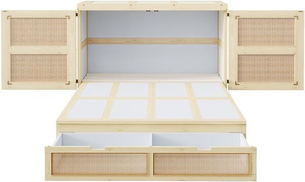 Schrankbett 140 x 200 cm, Wandbett mit Lattenrost, Wandklappbett, Vertikales schrankbett mit Lattenrost, mit Stauraumschubladen, Rattan-Design, Holzbetten, Jugendbetten, Einzelbetten, Holzfarbe Bild 8