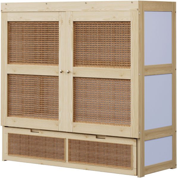 Schrankbett 140 x 200 cm, Wandbett mit Lattenrost, Wandklappbett, Vertikales schrankbett mit Lattenrost, mit Stauraumschubladen, Rattan-Design, Holzbetten, Jugendbetten, Einzelbetten, Holzfarbe Bild 9