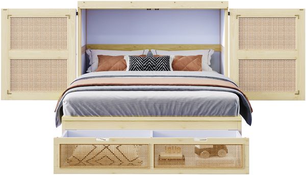 Schrankbett 140 x 200 cm, Wandbett mit Lattenrost, Wandklappbett, Vertikales schrankbett mit Lattenrost, mit Stauraumschubladen, Rattan-Design, Holzbetten, Jugendbetten, Einzelbetten, Holzfarbe Bild 5