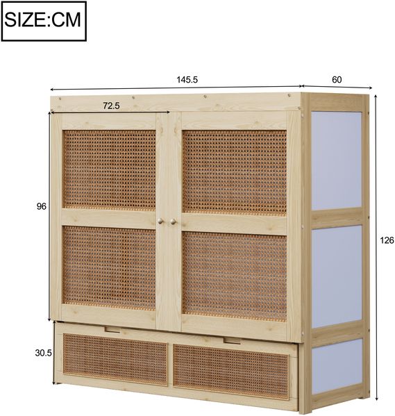 Schrankbett 140 x 200 cm, Wandbett mit Lattenrost, Wandklappbett, Vertikales schrankbett mit Lattenrost, mit Stauraumschubladen, Rattan-Design, Holzbetten, Jugendbetten, Einzelbetten, Holzfarbe Bild 7