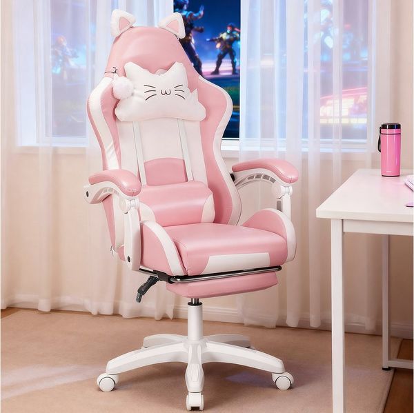 oyajia Gaming-Stuhl Bürostuhl Ergonomisch mit Kopfstütze und Katzenohren, PU-Leder (Gamer Stuhl, Racing Computerstuhl PC Stuhl mit Fußstütze Kopfstütze, 1 St), 115-125cm verstellbare Sitzhöhe, mit Lendenwirbelstütze