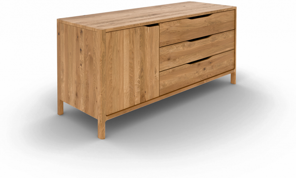 Kommode Swig aus Wildeiche massiv geölt 140x50 cm mit 1 Tür und 3 Schubladen