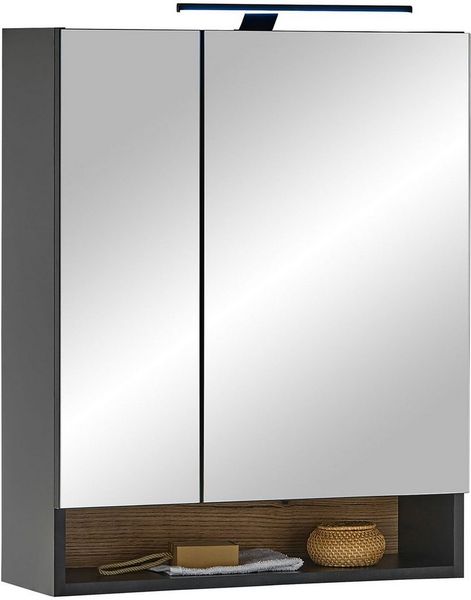 DENVER Spiegelschrank Bad mit LED-Beleuchtung in Schwarz/Evoke Eiche Optik FSC-zertifiziert - Badezimmerspiegel Schrank mit viel Stauraum - 60 x 75 x 22 cm (B/H/T)
