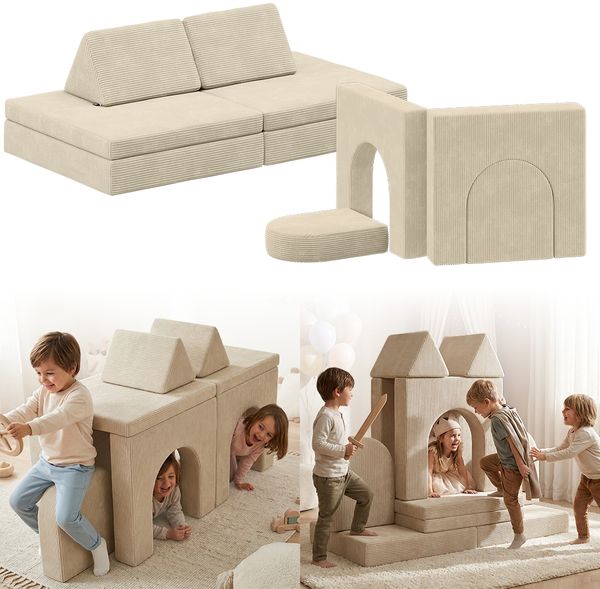 Bellabino 'Nile' Spielsofa mit Toren, 8-tlg, Cord, beige, faltbare Kindercouch, abnehmbarer & waschbarer Bezug, Kindersofa aus Schaumstoff
