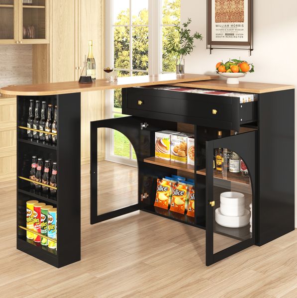 Ausziehbarer Bartisch Schwarz 138–204 cm, 360° drehbar, Sicherheitsglas, dreistufiges Seitenregal, verstellbare Regalbretter, 104cmx138-204cmx39cm