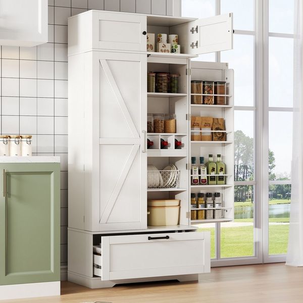 Flieks Hochschrank mit Schubladen, Weinregal und Türregalen (1-St, 80×40×180 cm) Mehrzweckschrank Küchenschrank mit verstellbare Einlegeböden Weiß