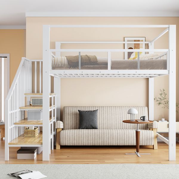 Merax Hochbett, 140×200 cm, Kinderbett, mit Baldachin, Sicherheitstreppe, Arbeitsfläche unter dem Bett, Stauraumstufen, Weiß