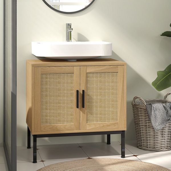 Celya Waschbeckenunterschrank Unterschrank mit Schrankfach, Waschtischunterschrank mit Rattanoptik Badunterschrank mit Kippschutz, Eiche, 60 x 39 x 60 cm