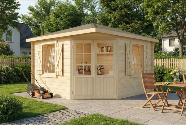 Alpholz 5-Eck Gartenhaus Monica Royal Gartenhaus aus Holz Holzhaus mit 28 mm Wandstärke Blockbohlenhaus mit Montagematerial