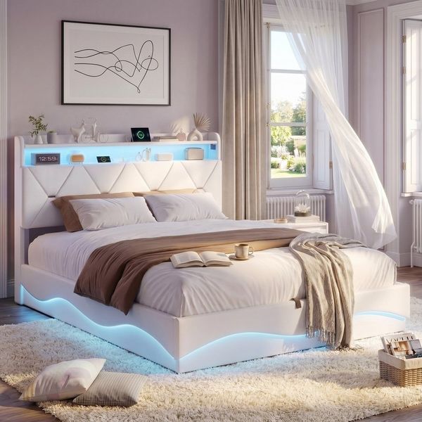Simurq Polsterbett LED Stauraumbett 160x200 cm mit Stauraum, Beige/Grau (mit Lattenrost, ohne Matratze), Hydraulischer Stauraum, stabile Metallkonstruktion, Velours-Kopfteil
