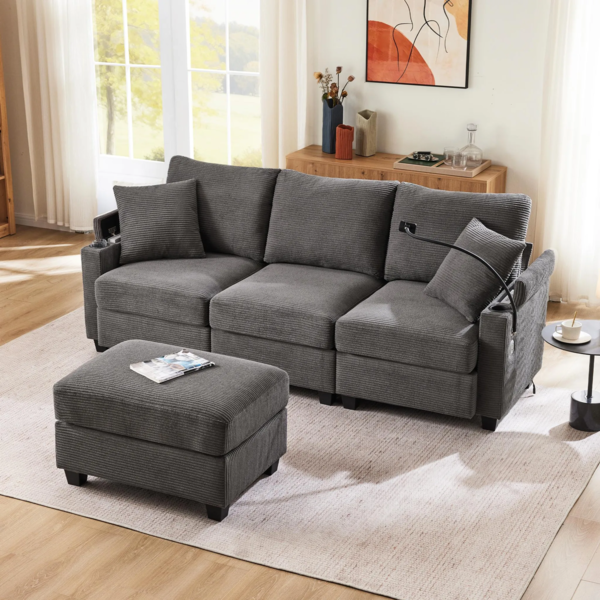 Ecksofa mit Hocker, USB, Typ-C, Zierkissen, Rückenlehnen, Armlehnen und Federkern, L-Form, Polstersofa, Loungesofa, Cordstoff