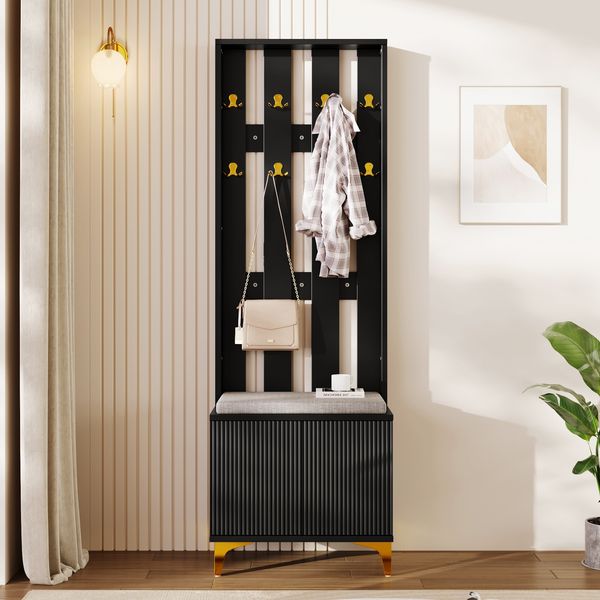Garderobenschrank aus Spanplatte mit Wellenfront & Push-to-open, 60,5x35,2x180,5 cm, Schwarz/Gold