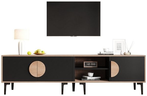 KLAM HOME Lowboard 180cm Lowboard TV Schrank Für Bis Zu 80 Zoll Fernseher Mit 3 Türen (Modernes Wohnzimmer TV Board In Dunkler Nussbaum Optik Und Schwarz), Stabiles Fernseh Möbel Mit 7 Füßen Und 45 Kg Tragkraft