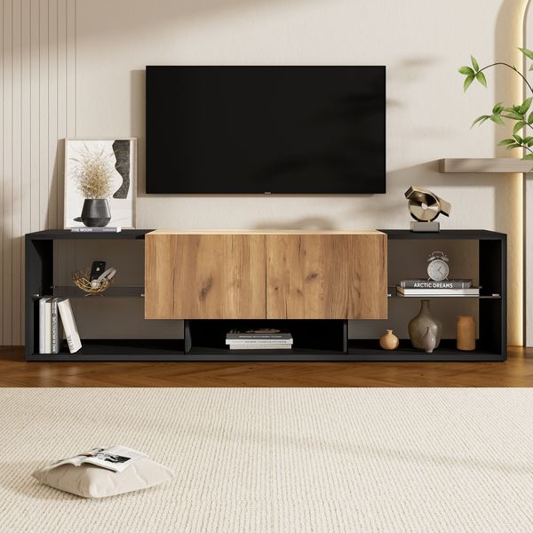 TV-Schrank 160 x 40 x 42 cm mit LED, 2 Schubladen, Spanplatte, Schwarz/Natur