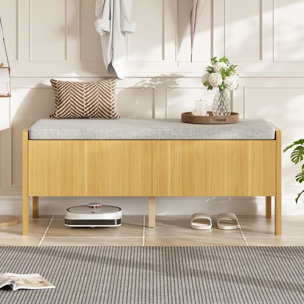 Merax Schuhbank, Aufbewahrungsbank, Sitzschrank, Seitenteile mit Rattan-Geflecht, 2 Schubladen, Farbe: Natur, Maße: 113 × 45,5 × 40 cm
