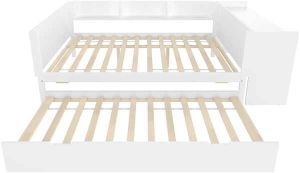 Multifunktionales Holzbett 140×200 cm mit Schreibtisch, ausziehbarem Rollbett & Regalen – platzsparendes Doppelbett Bild 10