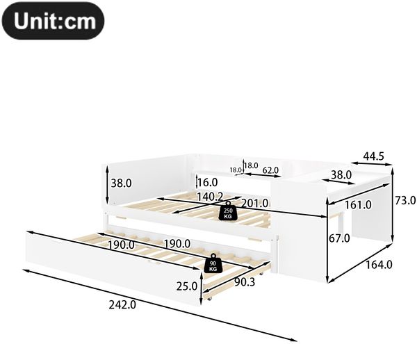 Multifunktionales Holzbett 140×200 cm mit Schreibtisch, ausziehbarem Rollbett & Regalen – platzsparendes Doppelbett Bild 7