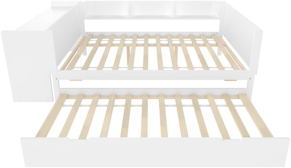 Multifunktionales Holzbett 140×200 cm mit Schreibtisch, ausziehbarem Rollbett & Regalen – platzsparendes Doppelbett Bild 9