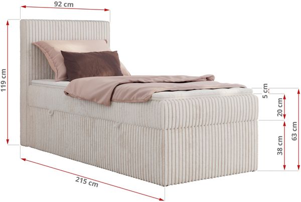 Boxspringbett TILIANO 90x200 Cord inkl. Bettkasten, Einzelbett 7-Zonen Multipocket-Matratze & Topper, Modernes Design mit hohem Kopfteil - Beige Cordstoff - H3 - Topper T25 Bild 4