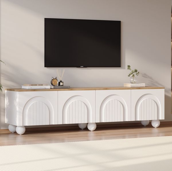 TV-Lowboard 180 x 40 x 45 cm mit 4 Türen – Weiß und Holzoptik, MDF, für 80-Zoll-Fernseher