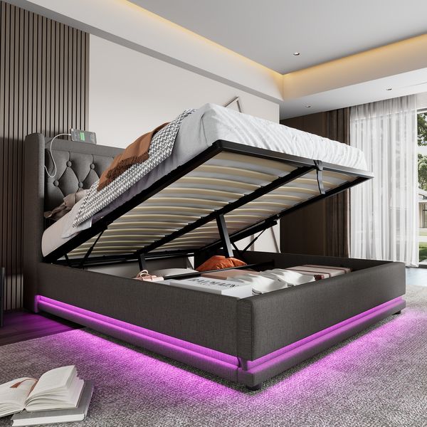 Polsterbett Liegefläche 140x200 cm mit USB-C, 3-seitiger LED und hydraulischem Stauraum, ohne Matratze