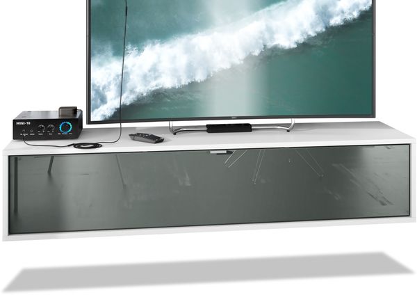 TV Board Lana 140 Hängeschrank Lowboard 140 x 29 x 37 cm, Korpus in Weiß Matt, Fronten in Grau Hochglanz