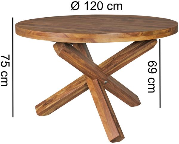 Design Esszimmertisch BOHA rund Ø 120x75 cm Sheesham Massiv-Holz, Landhaus Esstisch 4 Personen, Küchentisch Tisch für Esszimmer braun Bild 4