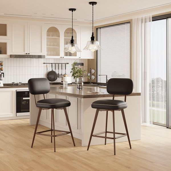 MALOL 360° Drehbarer Barhocker, Leder Bar Hocker 2er Set mit Rückenlehne, StilErgonomischer Barhocker mit Fußstütze, Moderner Küchenhocker mit Metallbeine für Theke, Bar, Esszimmer, Schwarz