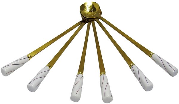 6x Stück Latte Macchiato Capuccino Löffel Set Edelstahl Espressolöffel Modern Dessert Löffel, Gold/Weiß