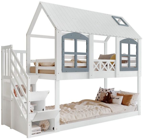 Flieks Etagenbett, Kinderbett 90x200cm mit Stauraumtreppe, Fallschutz, Dach und Fenster