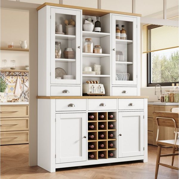 Flieks Küchenbuffet mit Arbeitsplatte in Holzoptik Natur, Glastüren und Weinregal (1-St, B120/T40/H185 cm) Hochschrank Küchenschrank Geschirrschrank mit verstellbarer Ablagen