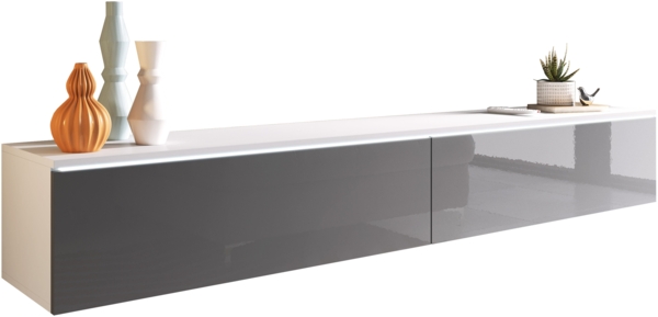 TV-Lowboard Stone 180, mit weißer LED Beleuchtung, Farbe: Weiß / Grau Hochglanz