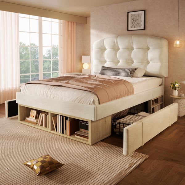 Merax Einzelbett 90x200cm, Jugendbett, Polsterbett, mit Lattenrost, Bettgestell mit gebogenem höhenverstellbarem Kopfteil, Bett mit Schubladen und Stauraum, Samt, Beige