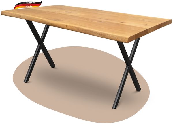 Massivholz Esstisch mit Baumkante KEANU - 140x80cm, Eichenholz, X Gestell | Wohnzimmertisch Küchentisch Esszimmertisch