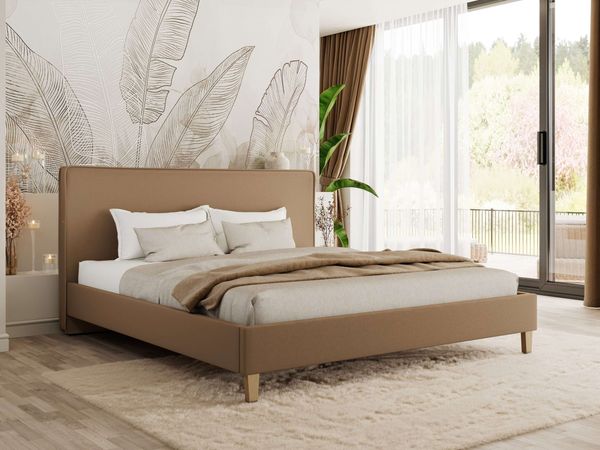 Design Polsterbett LUMARO CLASSIC 200 x 200 cm mit Lattenrost & 12cm hohen Füßen, Doppelbett mit Kopfteil, Konfigurierbar, Multipocket Matratze - Braun Kunstleder - ELORI LUX