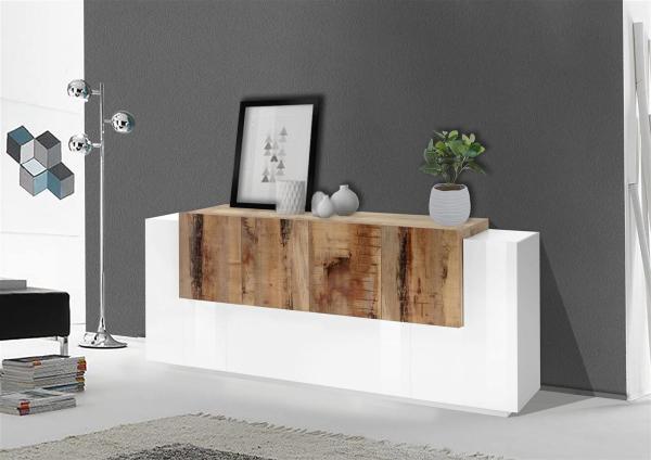 Sideboard >Catania< in Weiß-Hochglanz / Ahorn - 200x86x45cm (BxHxT)