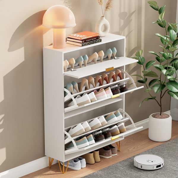 PXloue Schuhschrank Schuhregal Schuhkipper mit Kippsicherung (Schuhkommode im Flur Diele,Trennwand verstellbar, 118,5x24x80cm) Platzsparend, Für verschiedene Schuhtypen geeignet