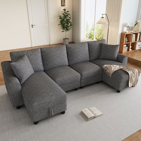 Merax 280cm Chenille U-Form Sofa, 2-Sitzer mit zwei Chaiselongues als Ecksofa, mit zwei Kissen, Chaiselongues mit aufklappbarem Stauraum, multifunktionales modulares Sofa, Grau