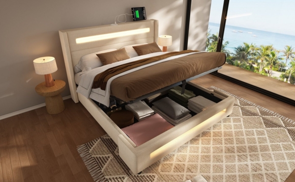 BlingBin Einzelbett Polsterbett Jugendbett (1-tlg, Jugendbett mit LED, hydraulischem Stauraum und USB Type-C Aufladen), 140x200 cm, mit Holzlatten, Leinen, ohne Matratze