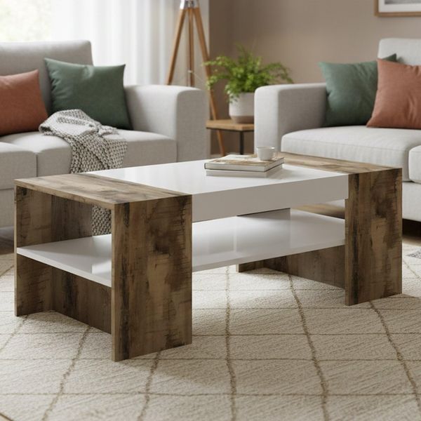 Dmora - Couchtisch Jonni, niedriger Couchtisch, Zeitschriftenständer, 100 % Made in Italy, 110 x 60 x 40 cm, glänzendes Weiß und Ahorn,