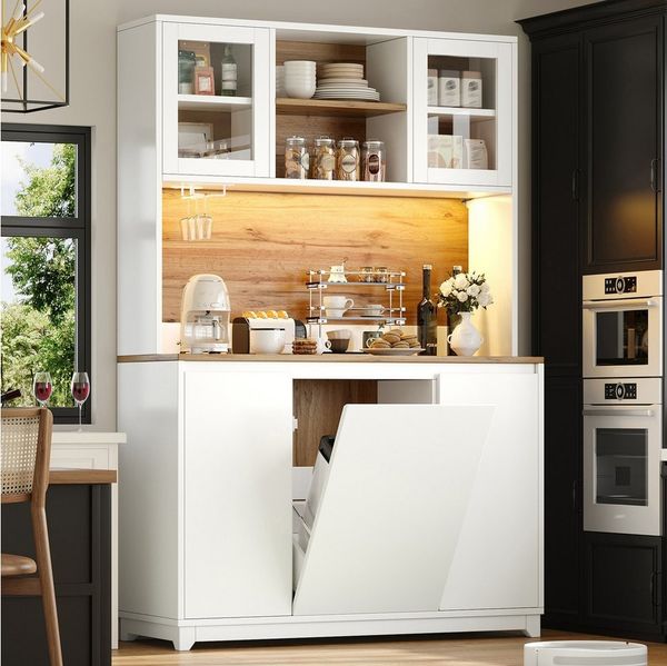 Flieks Küchenbuffet mit LED-Beleuchtung, Mülleimerfächern, Acryltüren und Gläserhalter (120×40×180 cm, 1-St) Hoschschrank Küchenschrank Buffetschrank mit verstellbare Ablagen